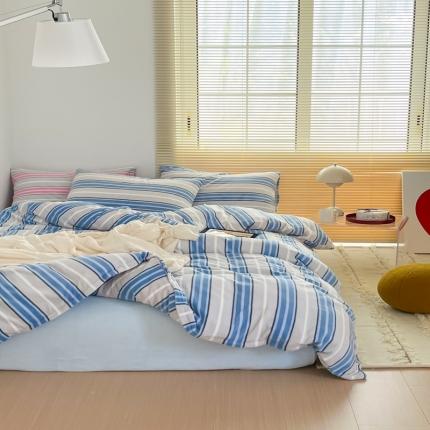 昔可 2022新款简约条纹系列牛奶绒四件套 蓝竖条