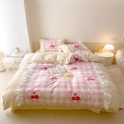 91家纺网 家纺一手货源 找家纺 昔可 2022新款数码印花花边款牛奶绒四件套 粉格樱桃