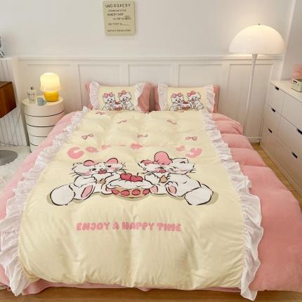 昔可 2022新款数码印花花边款牛奶绒四件套 蛋糕猫咪