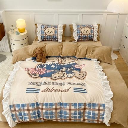 昔可 2022新款数码印花花边款牛奶绒四件套 冬日熊宝