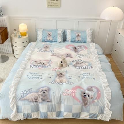 昔可 2022新款数码印花花边款牛奶绒四件套 蓝底小奶狗