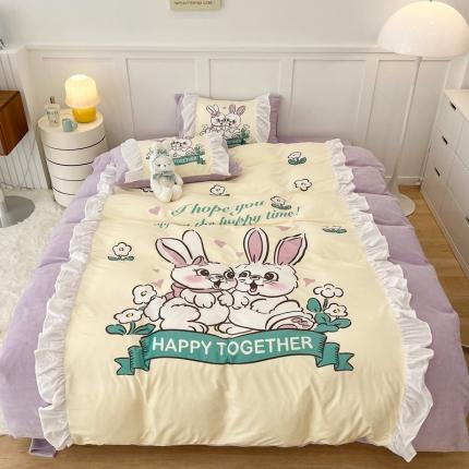 昔可 2022新款数码印花花边款牛奶绒四件套 萌萌兔兔