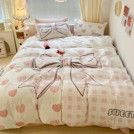 91家纺网 家纺一手货源 找家纺 昔可 2022新款大版数码印花牛奶绒四件套 拼接元素蝴蝶结