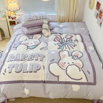 91家纺网 家纺一手货源 找家纺 昔可 2022新款大版数码印花牛奶绒四件套 紫色花束兔