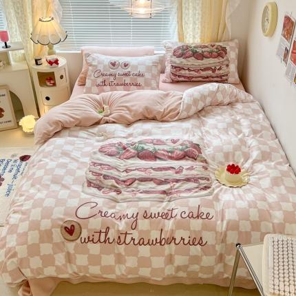 昔可 2022新款大版数码印花牛奶绒四件套 草莓甜品