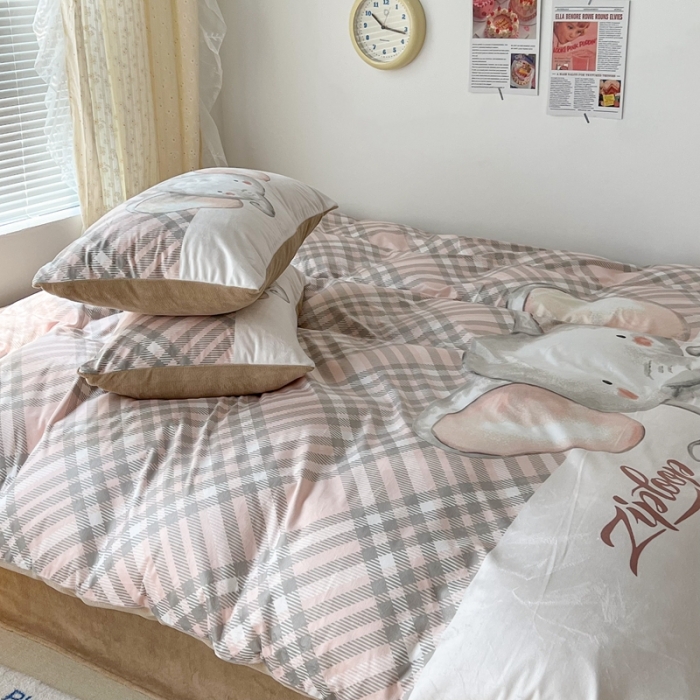 91家纺网 家纺一手货源 找家纺 昔可 2022新款大版数码印花牛奶绒四件套 格子小象