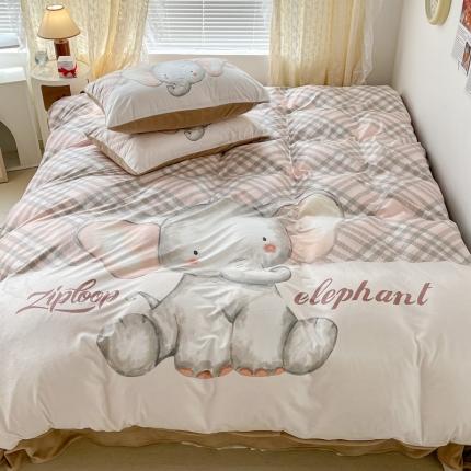 昔可 2022新款大版数码印花牛奶绒四件套 格子小象