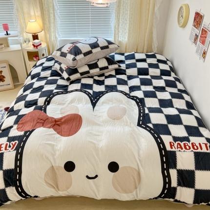 昔可 2022新款大版数码印花牛奶绒四件套 黑棋盘兔