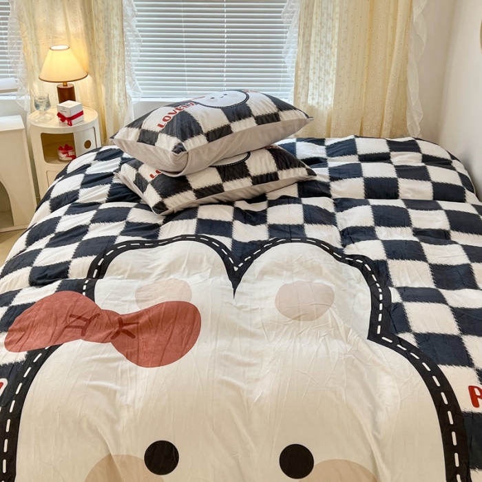 91家纺网 家纺一手货源 找家纺 昔可 2022新款大版数码印花牛奶绒四件套 黑棋盘兔