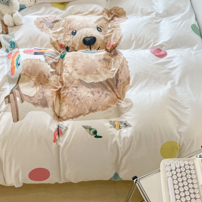 91家纺网 家纺一手货源 找家纺 昔可 2022新款大版数码印花牛奶绒四件套 画画熊仔