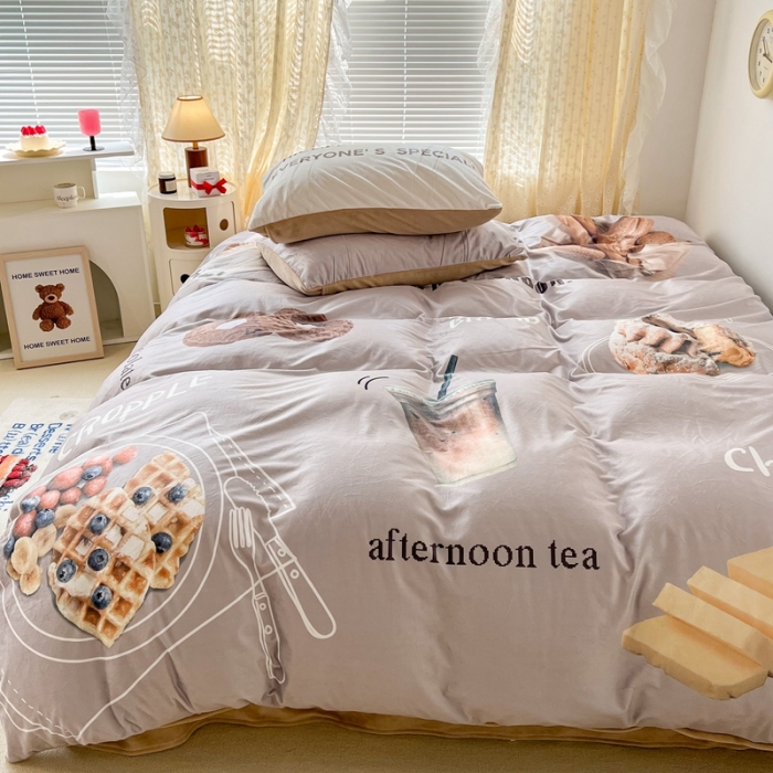 91家纺网 家纺一手货源 找家纺 昔可 2022新款大版数码印花牛奶绒四件套 咖啡下午茶