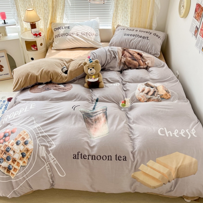 91家纺网 家纺一手货源 找家纺 昔可 2022新款大版数码印花牛奶绒四件套 咖啡下午茶