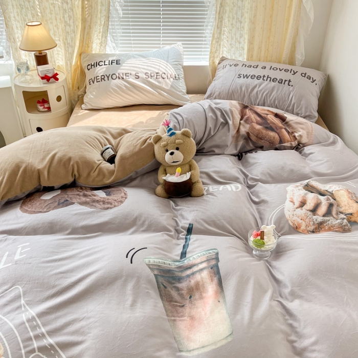 91家纺网 家纺一手货源 找家纺 昔可 2022新款大版数码印花牛奶绒四件套 咖啡下午茶