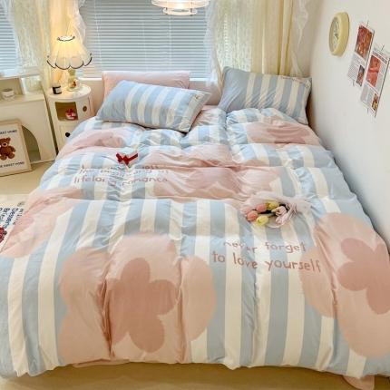 昔可 2022新款大版数码印花牛奶绒四件套 蓝条大花