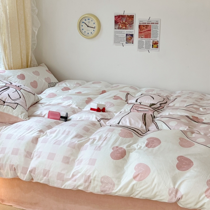 91家纺网 家纺一手货源 找家纺 昔可 2022新款大版数码印花牛奶绒四件套 拼接元素蝴蝶结