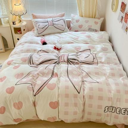 昔可 2022新款大版数码印花牛奶绒四件套 拼接元素蝴蝶结