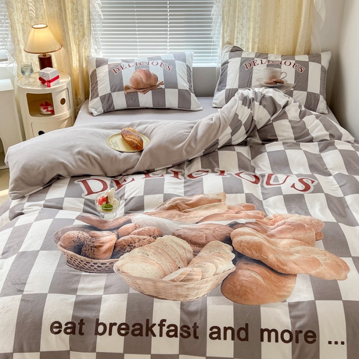 91家纺网 家纺一手货源 找家纺 昔可 2022新款大版数码印花牛奶绒四件套 早餐面包