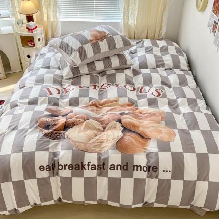 昔可 2022新款大版数码印花牛奶绒四件套 早餐面包