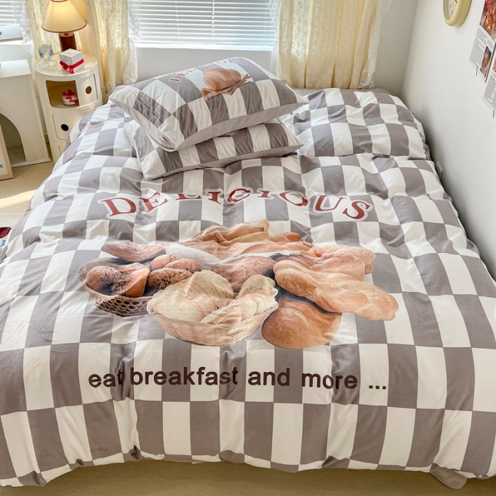 91家纺网 家纺一手货源 找家纺 昔可 2022新款大版数码印花牛奶绒四件套 早餐面包