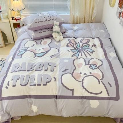 昔可 2022新款大版数码印花牛奶绒四件套 紫色花束兔