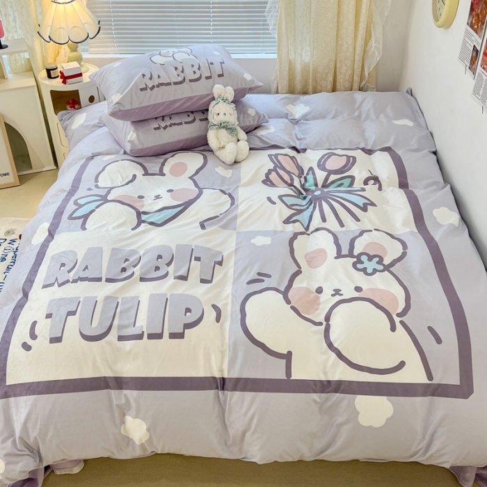 91家纺网 家纺一手货源 找家纺 昔可 2022新款大版数码印花牛奶绒四件套 紫色花束兔