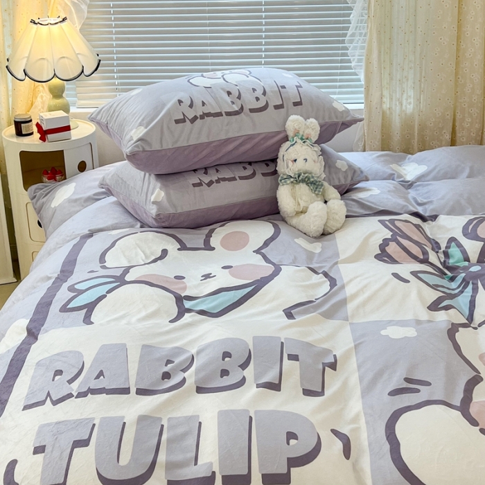 91家纺网 家纺一手货源 找家纺 昔可 2022新款大版数码印花牛奶绒四件套 紫色花束兔