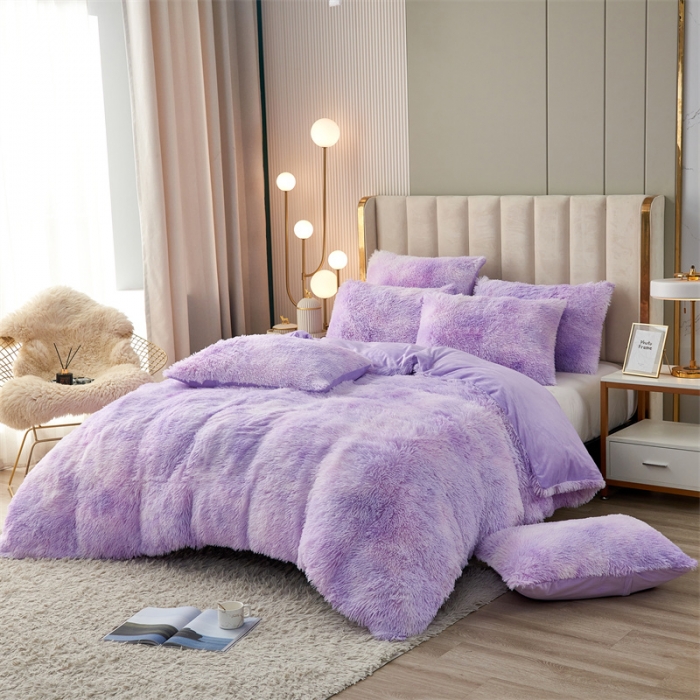 91家纺网 家纺一手货源 找家纺 品尚嘉家纺2025款扎染水貂绒四件套长毛绒保暖套件薰衣草色