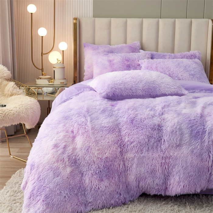 91家纺网 家纺一手货源 找家纺 品尚嘉家纺2025款扎染水貂绒四件套长毛绒保暖套件薰衣草色