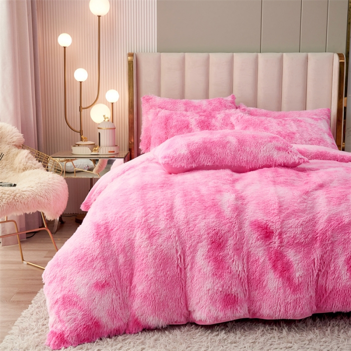 91家纺网 家纺一手货源 找家纺 品尚嘉家纺2025新款扎染水貂绒四件套长毛绒保暖套件扎染-粉