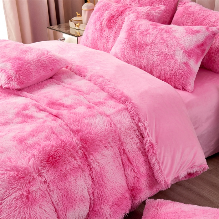 91家纺网 家纺一手货源 找家纺 品尚嘉家纺2025新款扎染水貂绒四件套长毛绒保暖套件扎染-粉