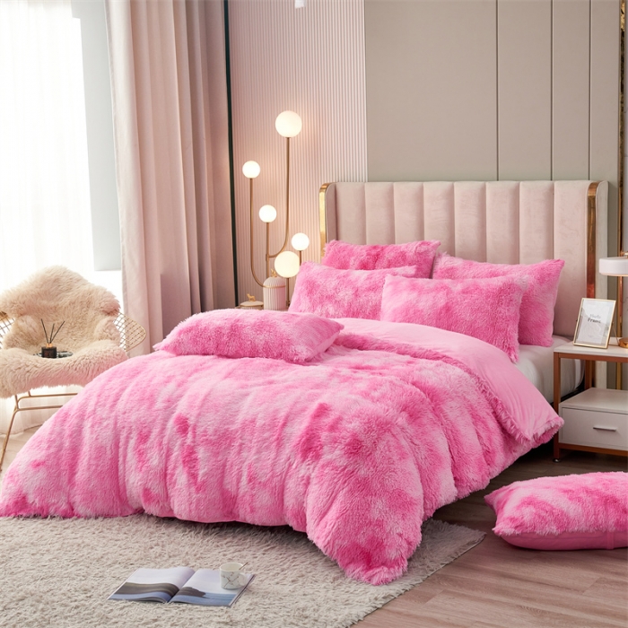 91家纺网 家纺一手货源 找家纺 品尚嘉家纺2025新款扎染水貂绒四件套长毛绒保暖套件扎染-粉