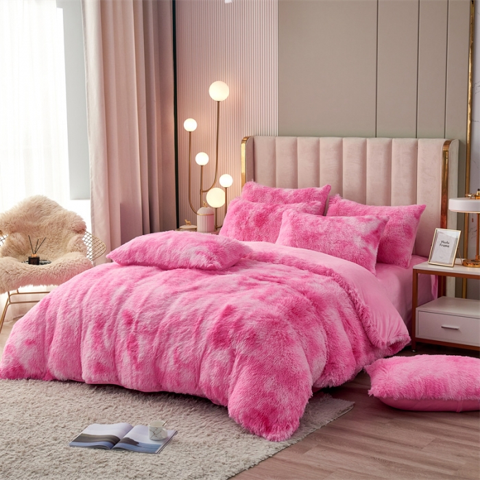 91家纺网 家纺一手货源 找家纺 品尚嘉家纺2025新款扎染水貂绒四件套长毛绒保暖套件扎染-粉