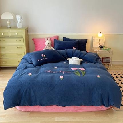 91家纺网 家纺一手货源 找家纺 三朵2022新款牛奶绒绣花四件套 郁金香布鲁蓝