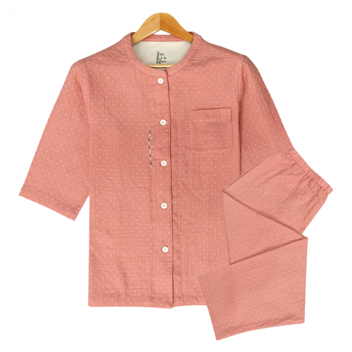 91家纺网 家纺一手货源 找家纺 皇寝世家 2023新款立领纯棉双层纱家居服套装 811女-星空粉