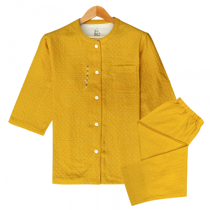 91家纺网 家纺一手货源 找家纺 皇寝世家 2023新款立领纯棉双层纱家居服套装 811女-星空黄