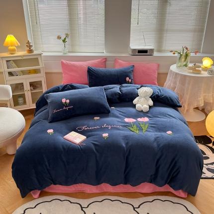 91家纺网 家纺一手货源 找家纺 三朵 2022新款牛奶绒绣花四件套-场景二 郁金香布鲁蓝