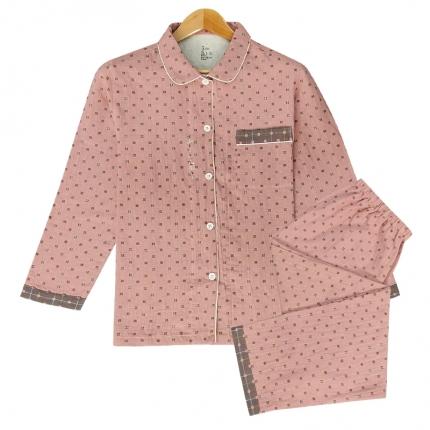 91家纺网 家纺一手货源 找家纺 皇寝世家2023新款嵌线纯棉双层纱长袖长裤家居服套装812女-布丁格粉