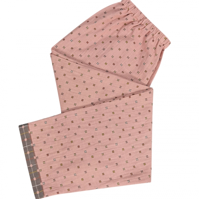 91家纺网 家纺一手货源 找家纺 皇寝世家2023新款嵌线纯棉双层纱长袖长裤家居服套装812女-布丁格粉