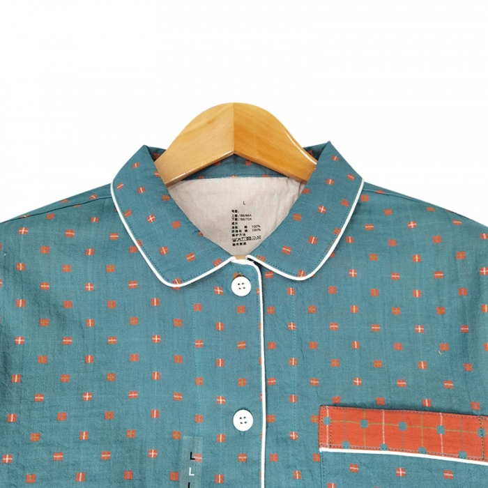 91家纺网 家纺一手货源 找家纺 皇寝世家2023新嵌线纯棉双层纱长袖长裤家居服套装 812女-布丁格蓝