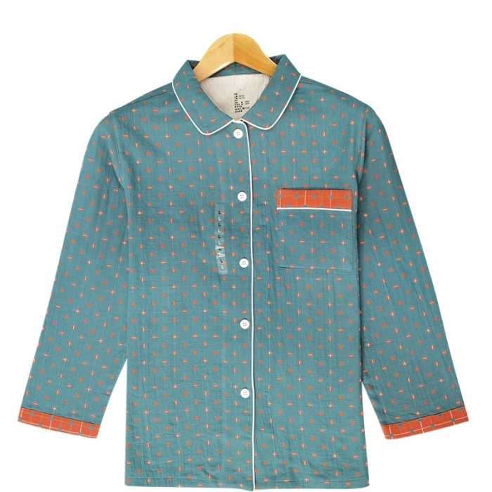 91家纺网 家纺一手货源 找家纺 皇寝世家2023新嵌线纯棉双层纱长袖长裤家居服套装 812女-布丁格蓝