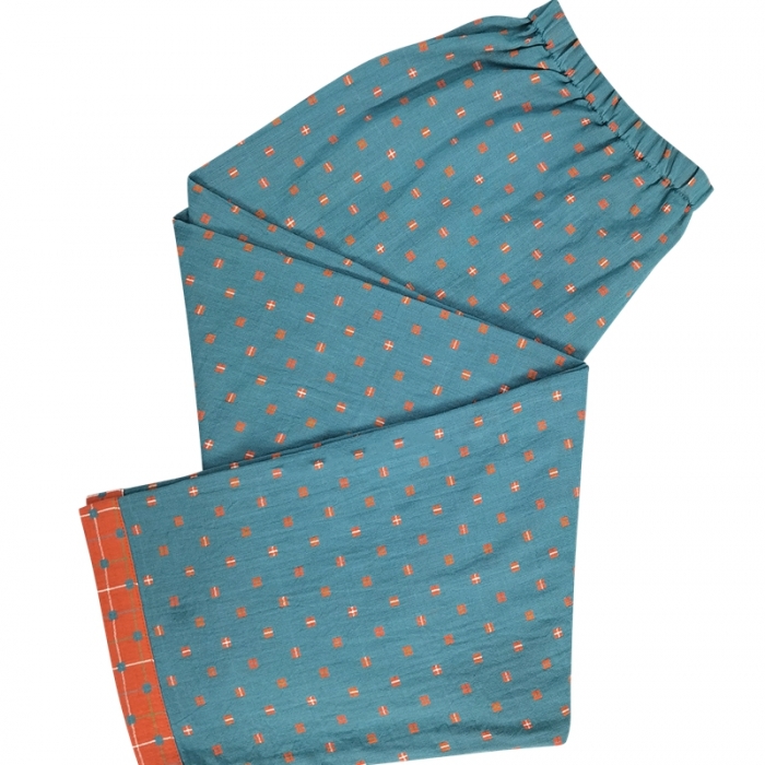 91家纺网 家纺一手货源 找家纺 皇寝世家2023新嵌线纯棉双层纱长袖长裤家居服套装 812女-布丁格蓝