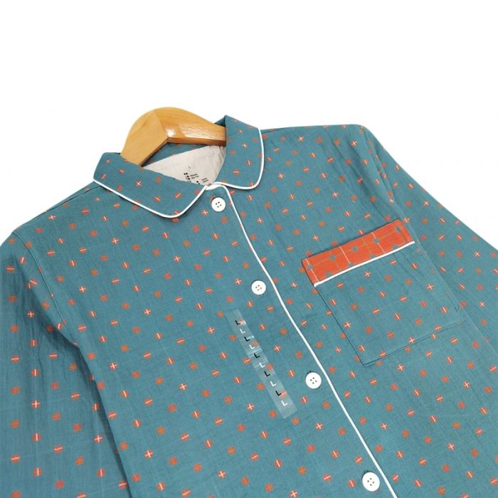 91家纺网 家纺一手货源 找家纺 皇寝世家2023新嵌线纯棉双层纱长袖长裤家居服套装 812女-布丁格蓝