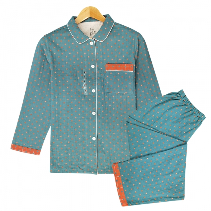 91家纺网 家纺一手货源 找家纺 皇寝世家2023新嵌线纯棉双层纱长袖长裤家居服套装 812女-布丁格蓝