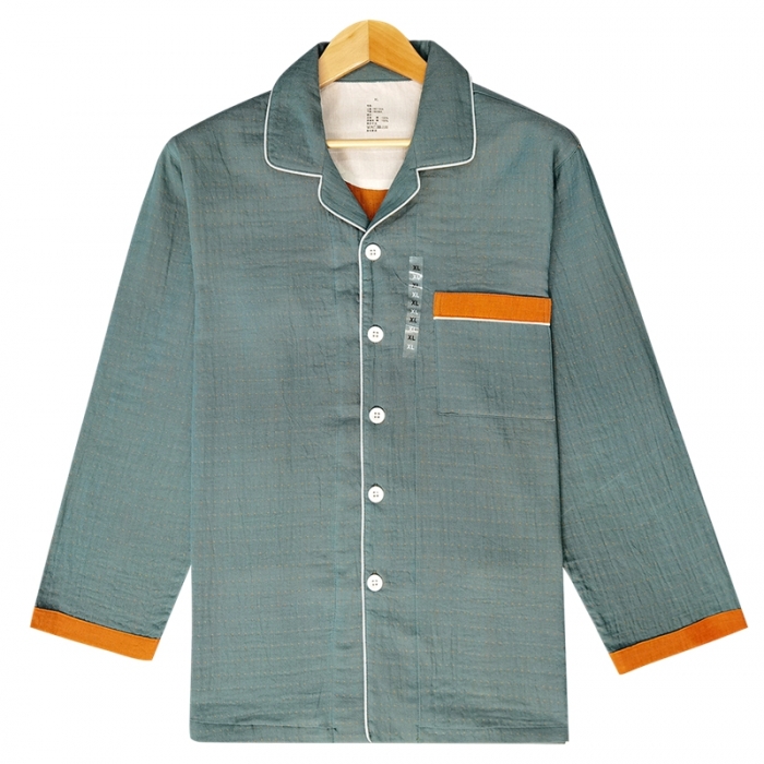 91家纺网 家纺一手货源 找家纺 皇寝世家2023新嵌线纯棉双层纱长袖长裤家居服套装 813男-宝石蓝