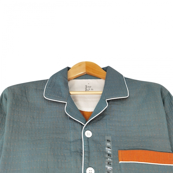 91家纺网 家纺一手货源 找家纺 皇寝世家2023新嵌线纯棉双层纱长袖长裤家居服套装 813男-宝石蓝