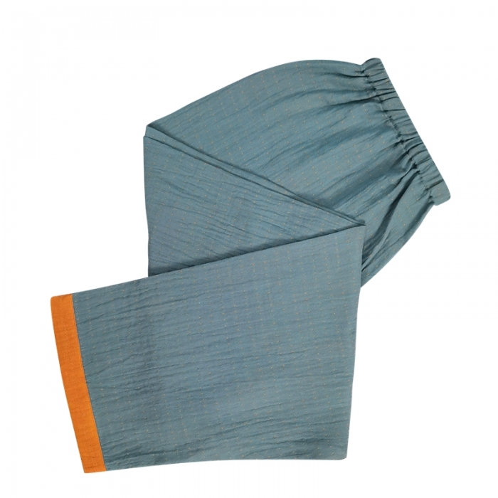 91家纺网 家纺一手货源 找家纺 皇寝世家2023新嵌线纯棉双层纱长袖长裤家居服套装 813男-宝石蓝