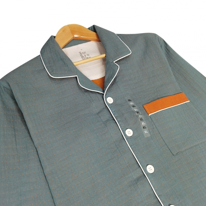 91家纺网 家纺一手货源 找家纺 皇寝世家2023新嵌线纯棉双层纱长袖长裤家居服套装 813男-宝石蓝