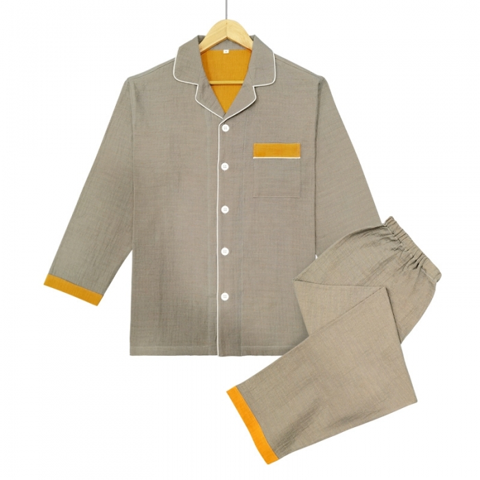 91家纺网 家纺一手货源 找家纺 皇寝世家2023新嵌线纯棉双层纱长袖长裤家居服套装 813男-高级灰