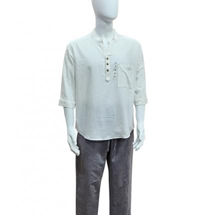 皇寝世家2023新款男款水洗棉中袖立领休闲家居服套装 817男-白+灰