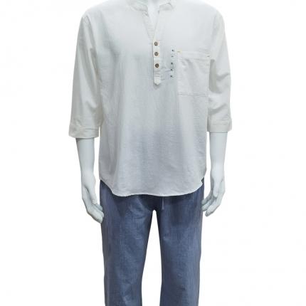 皇寝世家2023新款男款水洗棉中袖立领休闲家居服套装 817男-白+蓝